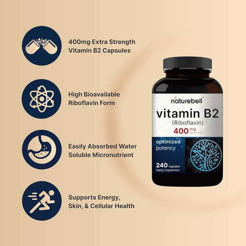 NatureBell Vitamin B2 Riboflavin 400mg, 240 Capsules, Essential Daily B Vitamin for Energy & Skin Health
