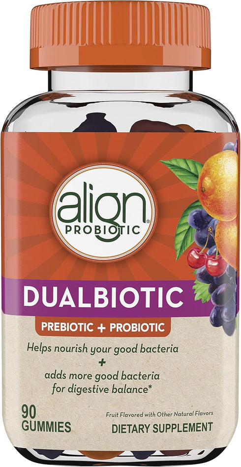 Align DualBiotic - Prebiotic + Probiotic for Women and Men, Digestive Support, Natural Fruit Flavors, 90 Gummies