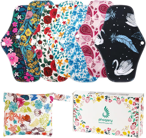 PHOGARY Reusable Menstrual Pads, Bamboo Cloth Pads for Heavy Flow with Wet Bag,