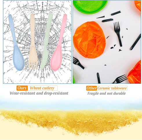 Knives Spoons and Forks Set, Wheat Straw Reusable Cutlery Set for 8, Utensils for Party, Travel, Picnic, Camping