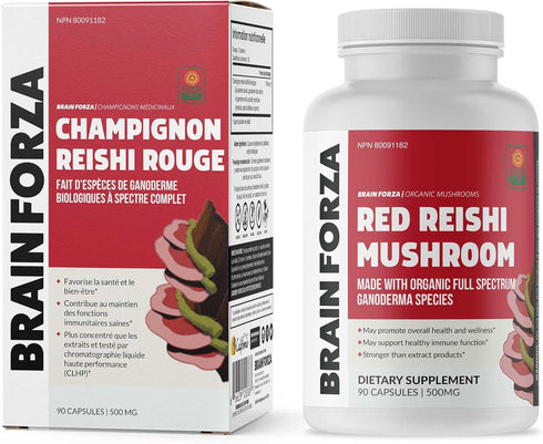 Brain Forza Organic Red Reishi Mushroom Capsules, 90 Capsules for Immune Support & Wellness