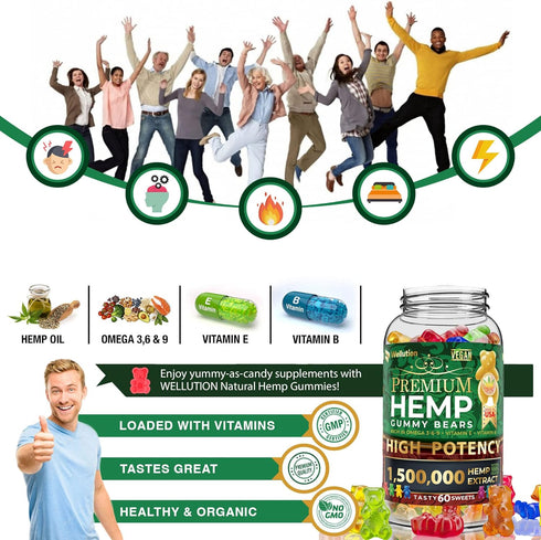 WELLUTION Hemp Gummies 1,500,000 XXL High Potency, Fruity Gummy Bear with Hemp Oil Supplements