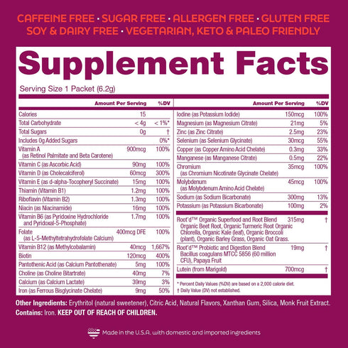 Root'd Multivitamin Powder for Women - 25 Vitamins & Minerals with 3X Electrolytes, 9 Organic Superfoods, Probiotics &