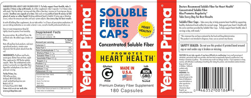 Yerba Prima Soluble Fiber Formula Capsules, 180 Count - Premium Gluten Free Dietary Fiber Supplement, Made in USA