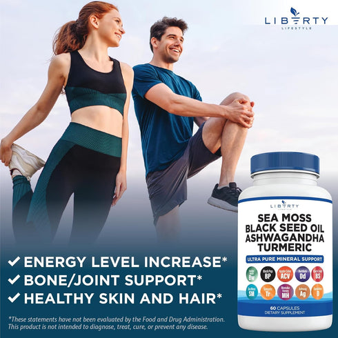Sea Moss 3000mg, Black Seed Oil 2000mg, Ashwagandha 1000mg, Burdock 1000mg Root Mineral Support - 120 Count