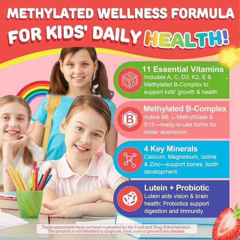 Gummies D3, B12 B6, K2, 4+, 60 Kids Multivitamin + Calcium, Probiotics, Vitamin C, Methylated & Methylfolate, A, E