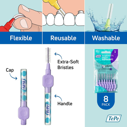 TEPE Interdental Brush Extra Soft, Supersoft Dental Brush for Teeth Cleaning, Pack of 8, 1.1 mm, Large Gaps, Purple