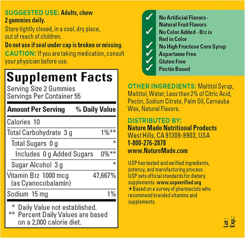 Nature Made Zero Sugar Energy Vitamin B12 Gummies, 1000 mcg, 110 Count - Energy Metabolism Support