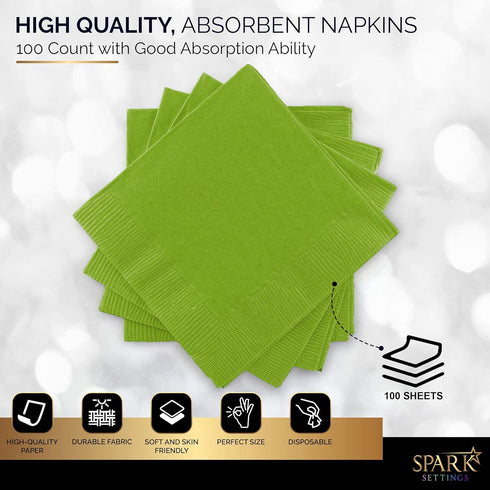 100 Pack Kiwi Green Beverage Napkins, 2 Ply Big Party Pack, Ideal for Wedding, Party, Birthday, 5” x 5”