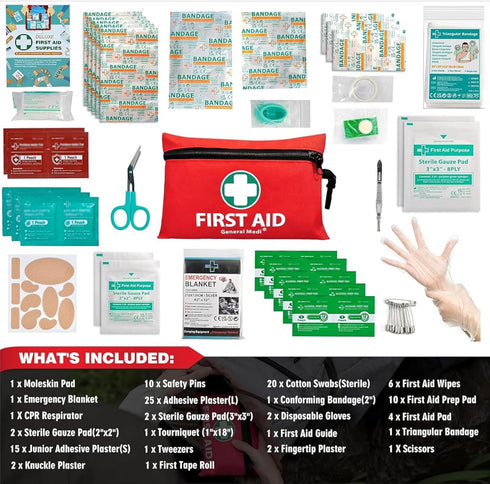 General Medi Mini First Aid Kit, 110 Piece Small Kit for Travel, Home, Office, Vehicle, Camping, Outdoor (Red)