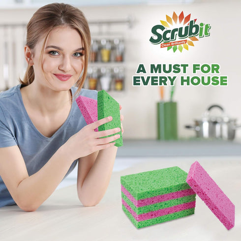 SCRUBIT Cellulose Scrub Sponge - 6 Pack Kitchen Cleaning Sponges for Dishes, Pans, Pots & More - Colors May Vary