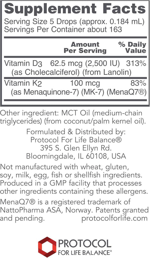 Protocol Liquid D3 & MK-7 Supplement, Bone Density & Immune System Support, Non-GMO, 163 Servings