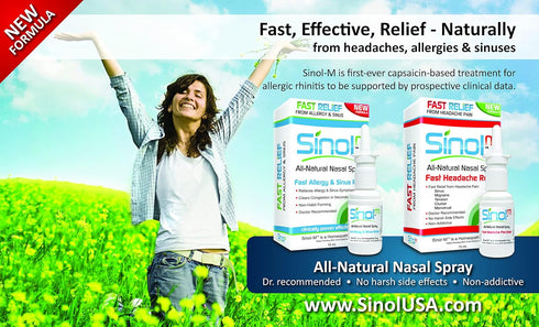 Sinol Headache Relief Spray, Over-The-Counter Nasal Decongestant, 15 ml for Migraine, Tension, Sinus Relief