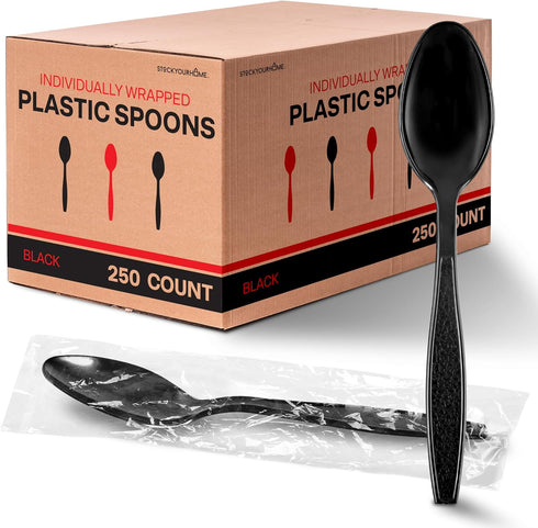 Stock Your Home 250 Count Individually Wrapped Heavyweight Plastic Spoons, Bulk Disposable Utensils
