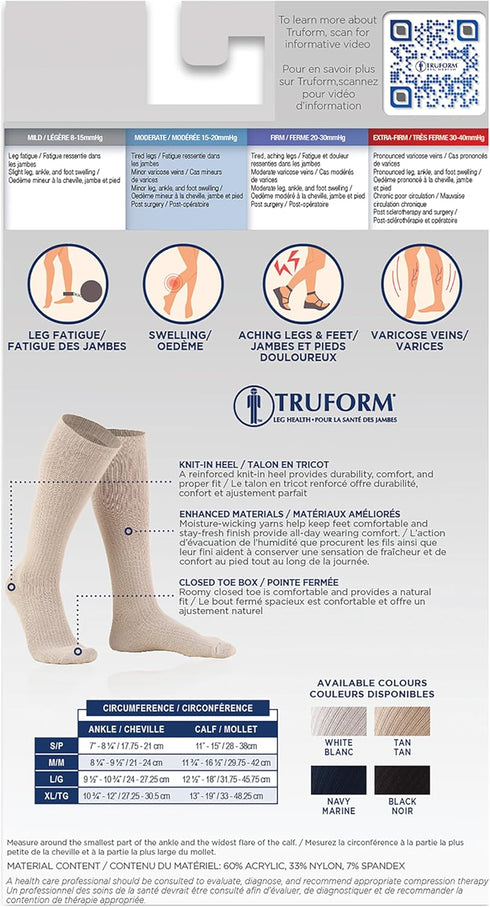 Truform Compression Socks, 15-20 mmHg, Ladies Gym Socks, Knee High, Black, Large