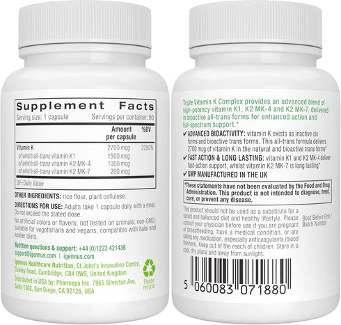 K1 K2 (MK-4 MK-7), 1-a-Day, 90 Igennus High Potency Vitamin K Complex, & & All Trans Bioactive Form for Superior Bone