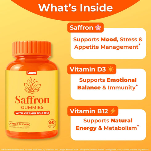 Gummies D3 B12 60 Count (60 Count, Loom Saffron with Vitamin & Natural Mood & Energy Support for Emotional Balance