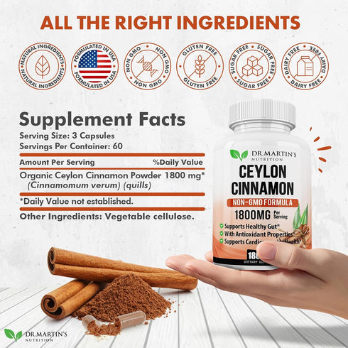 1800mg Organic Ceylon Cinnamon Capsules | 180 Count | Supports Joints, Healthy Inflammatory Responses, Antioxidant & Cardiovascular Health & Glucose Metabolism | Non-GMO & Gluten Free Supplement