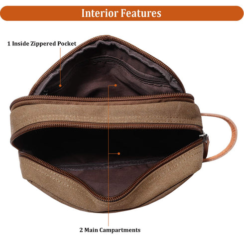 Mactso Mens Travel Toiletry Bag, Canvas Leather Cosmetic Makeup Organizer with Double Compartments (Coffee)