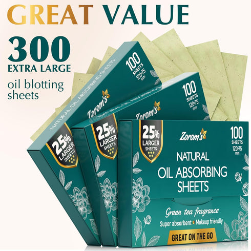 Natural Green Tea Oil Blotting Sheets for Face, 25% Larger, 3pk/300 Easy Dispensing Oil Absorbing Papers