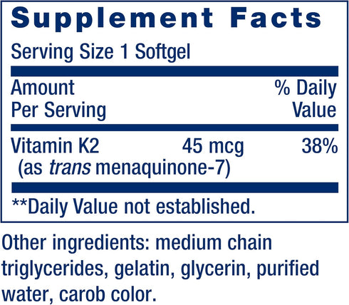 K2 90 Life Extension Low Dose Vitamin Supports Arterial Health Non-GMO, Gluten-Free Softgels