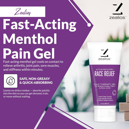 Zealios Race Relief Menthol Pain Relief Gel, 3oz Tube, Fast Acting for Muscle Pain & Arthritis, Cooling Formula