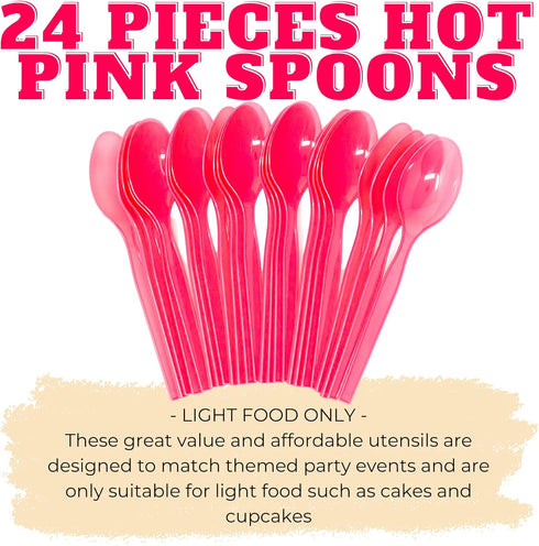 Hot Pink Plastic Spoons (24 Pack) - Hot Pink Spoons for Parties, Lightweight Plasticware, Colored Plastic Spoons, Plastic Utensils, Disposable Cutlery for Occasions, Party Plastic Spoons