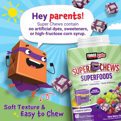 FORCE FACTOR Kids Superfood Super Chews, Very Berry Grape Flavor, 60 Soft Chews, 2-Month Supply, Kids Vitamins & Immune