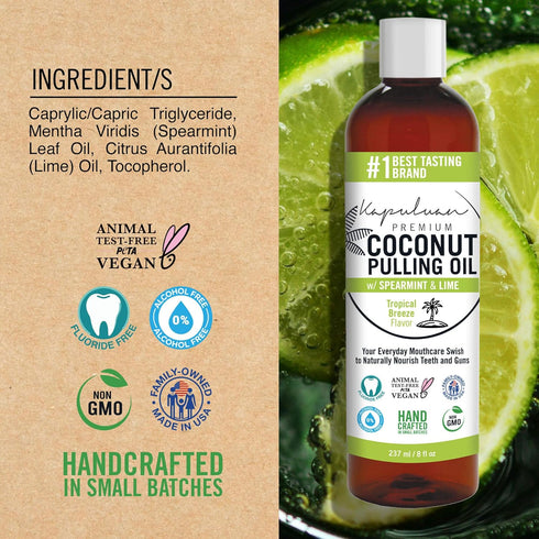 Coconut Pulling Oil for Teeth and Gums Mouthwash, 100% Pure Natural, Refreshing Spearmint and Lime Essential Oils