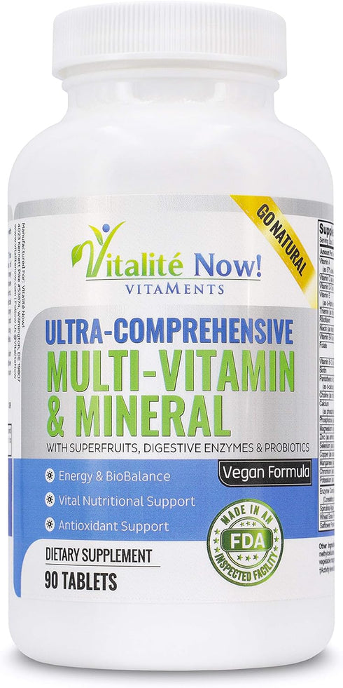 Vegan Whole Food Multivitamin & Mineral - 90 Tablets - Vitamins A B1 B2 B6 B12 C D3 E & 110 Super Foods, Herbs, Greens
