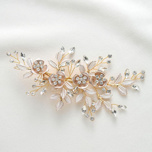 SWEETV Light Rose Gold Rhinestone Wedding Clip Bridal Comb Barrette - Handmade Flower Head Pieces for Women
