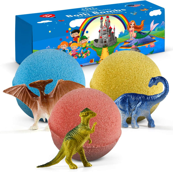 Organic Dino Bath Bombs for Kids, 3 Large Bath Bomb Kit with Surprise Dinosaurs Inside