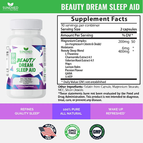 Sleep Aid Beauty Dream Sleep Aid is a Non Habit Forming Sleep Formula with Melatonin and Valerian Root, Sleep Amazing and Wake up Refresh, Obtain A Natural Sleep, Made in USA