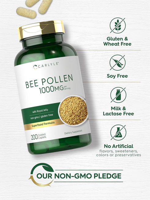 Carlyle Bee Pollen Supplement, 1000mg, 200 Caplets with Royal Jelly and Bee Propolis, Vegetarian, Non-GMO