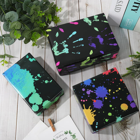 AnyDesign 12 Sheet Colorful Wrapping Paper, 4 Designs Black Neon Art, 19.7 x 27.6 Inch for DIY Gift Wrap