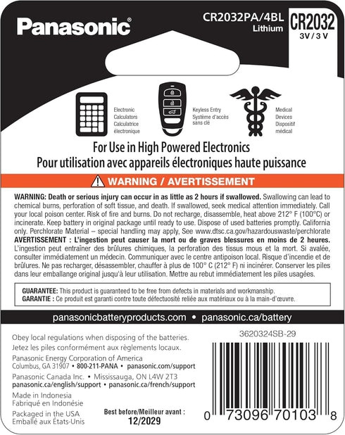 Panasonic CR2032 3.0 Volt Long Lasting Lithium Coin Cell Batteries in Child Resistant, Standards Based Packaging, 4-Battery Pack
