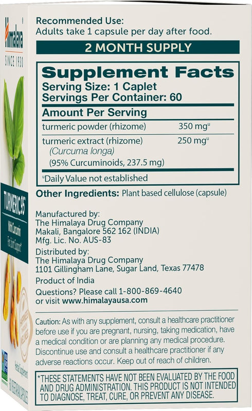 Himalaya Turmeric 95 Supplement with Curcumin, 600 mg, Joint and Muscle Support, 60 Capsules