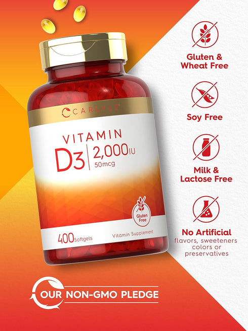 Carlyle Vitamin D3 2000IU Softgels, 400 Count, Non-GMO, Gluten Free Formula, 50 mcg, Vitamin D Supplement