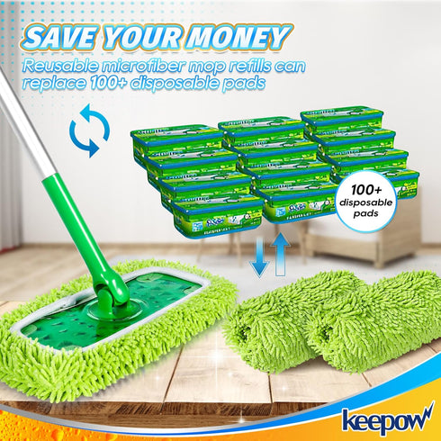 KEEPOW Reusable Microfiber Mop Pads, Compatible with Swiffer Sweeper Mop, 8 Pack for Surface Cleaning