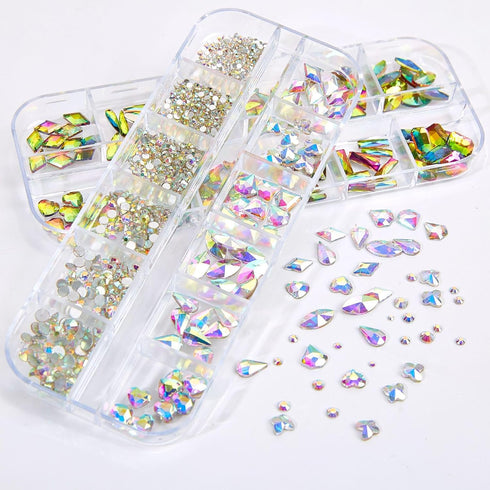 Multi Shapes 3D Glass AB Nail Art Rhinestones, 1085 Pieces Crystal Clear Flatback Rhinestones with Organizer