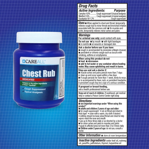 CareAll Medicated Chest Rub 4 oz - Topical Analgesic and Cough Suppressant for Throat, Chest, and Sinuses Relief