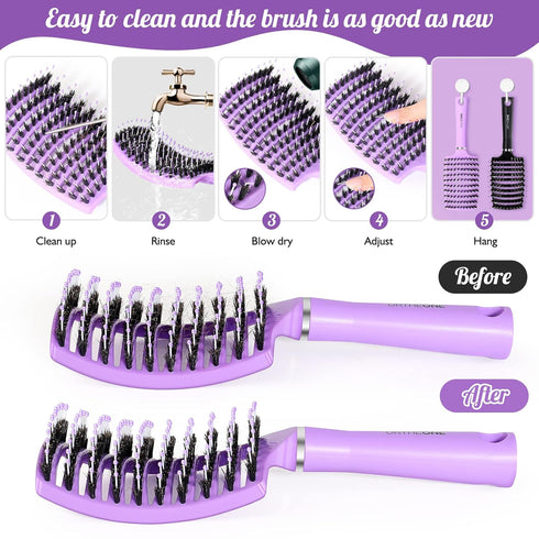 URTHEONE Hair Brush, Detangling Boar Bristle Curved Vented Hair Brush for Women Men Kids, 2 Pack, Pink & Purple