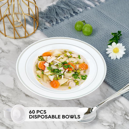 JOLLY PARTY 50 Plastic Bowls with Silver Rim-12oz Disposable Soup Bowls, Christmas Thanksgiving Premium Heavy Duty Plastic Dessert Bowls for Wedding/Party, Silver by JOLLY PARTY