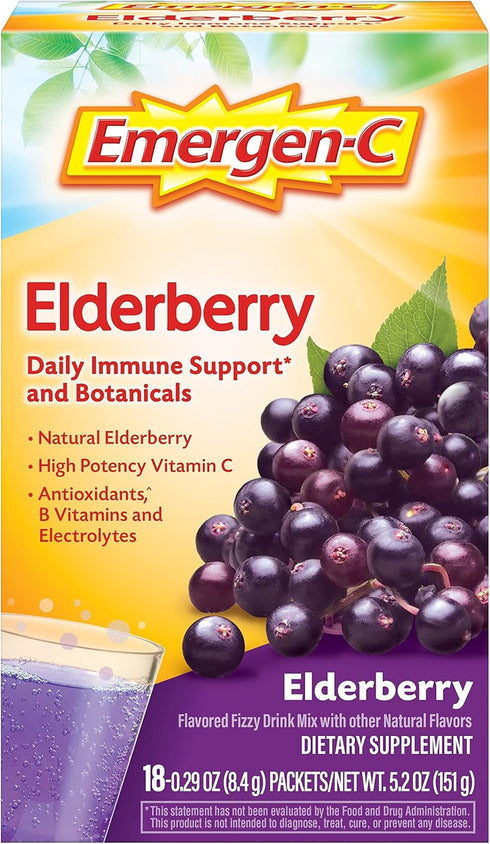 Emergen-C Elderberry Fizzy Drink Mix, 18 Count, Elderberry Immune Support, Natural Flavors, High Potency Vitamin C