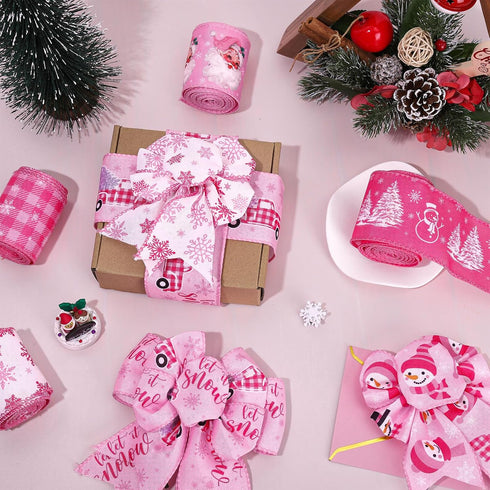 Whaline 6 Rolls Christmas Wired Edge Ribbon 30 Yards Pink Buffalo Plaid Santa Snowman Snowflake for Gift Wrapping Crafts