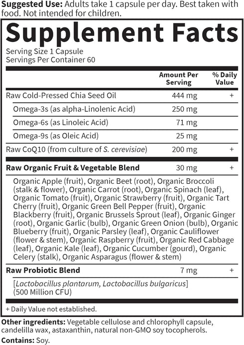 Garden of Life Vegetarian Omega 3 6 9 Supplement, Raw CoQ10 Chia Seed Oil, Antioxidant Support, 60 Capsules