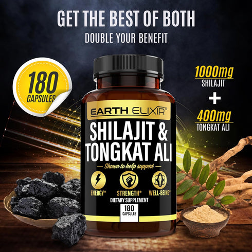 Shilajit 1000mg & Tongkat Ali 400mg - 180 Capsules, Made in USA, Pure Himalayan Organic Supplement