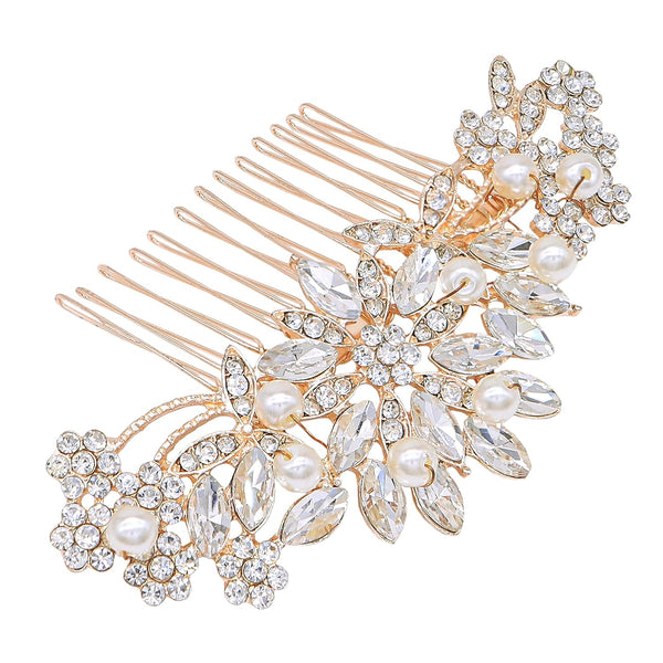 Rose Gold Wedding Hair Comb with Pearls and Crystals, Bridal Headpiece for Parties (Rose Gold)