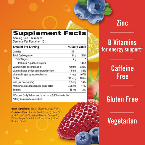 Emergen-C 750mg Vitamin C Gummies for Adults - Immune Support, Gluten Free, Strawberry, Lemon, Blueberry - 45 Count