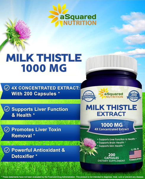 aSquared Nutrition 1000mg Milk Thistle Supplement - 200 Capsules, Max Strength 4X Concentrated Extract